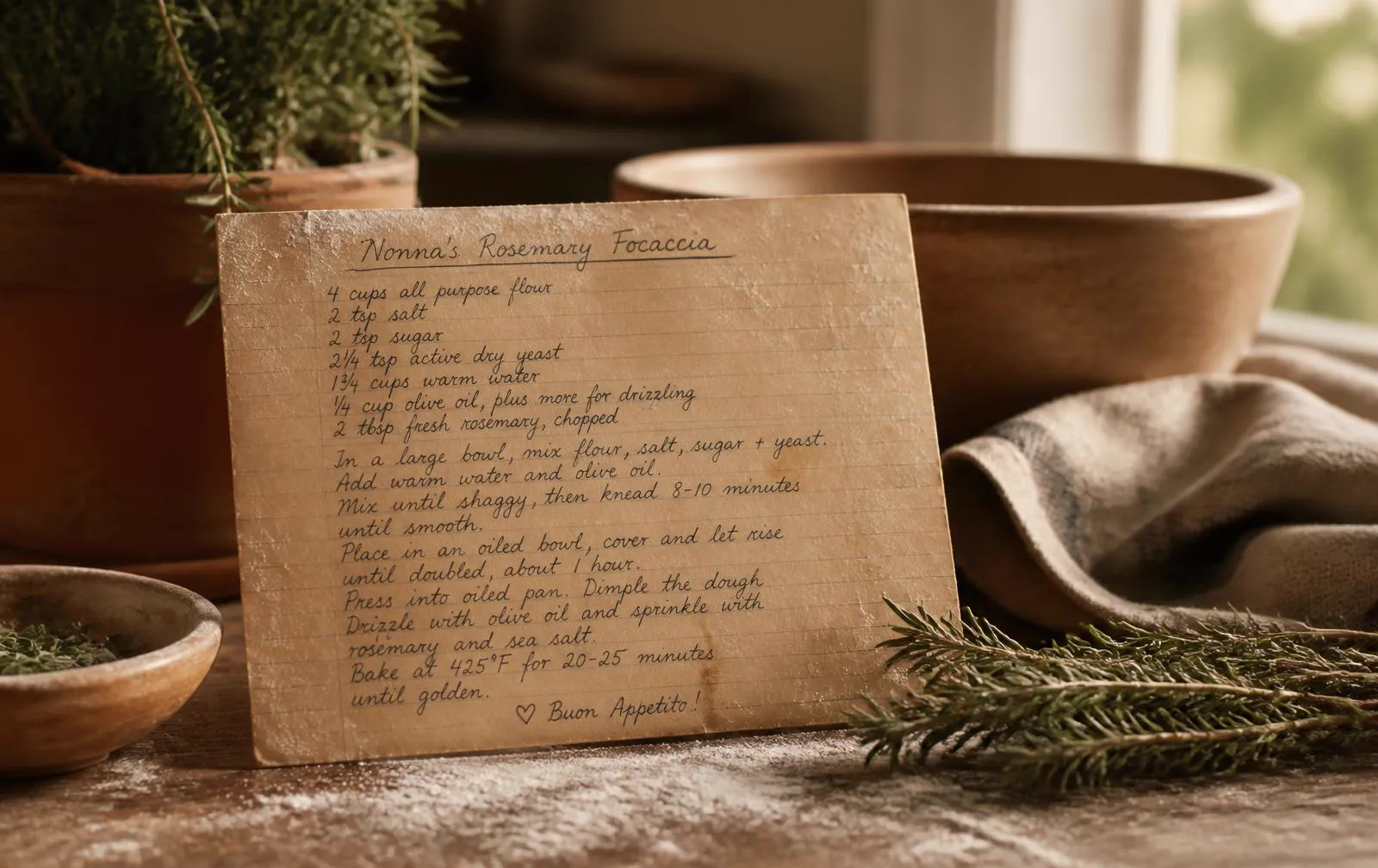 A handwritten heirloom recipe card resting on a flour-dusted table beside dried rosemary and clay bowls