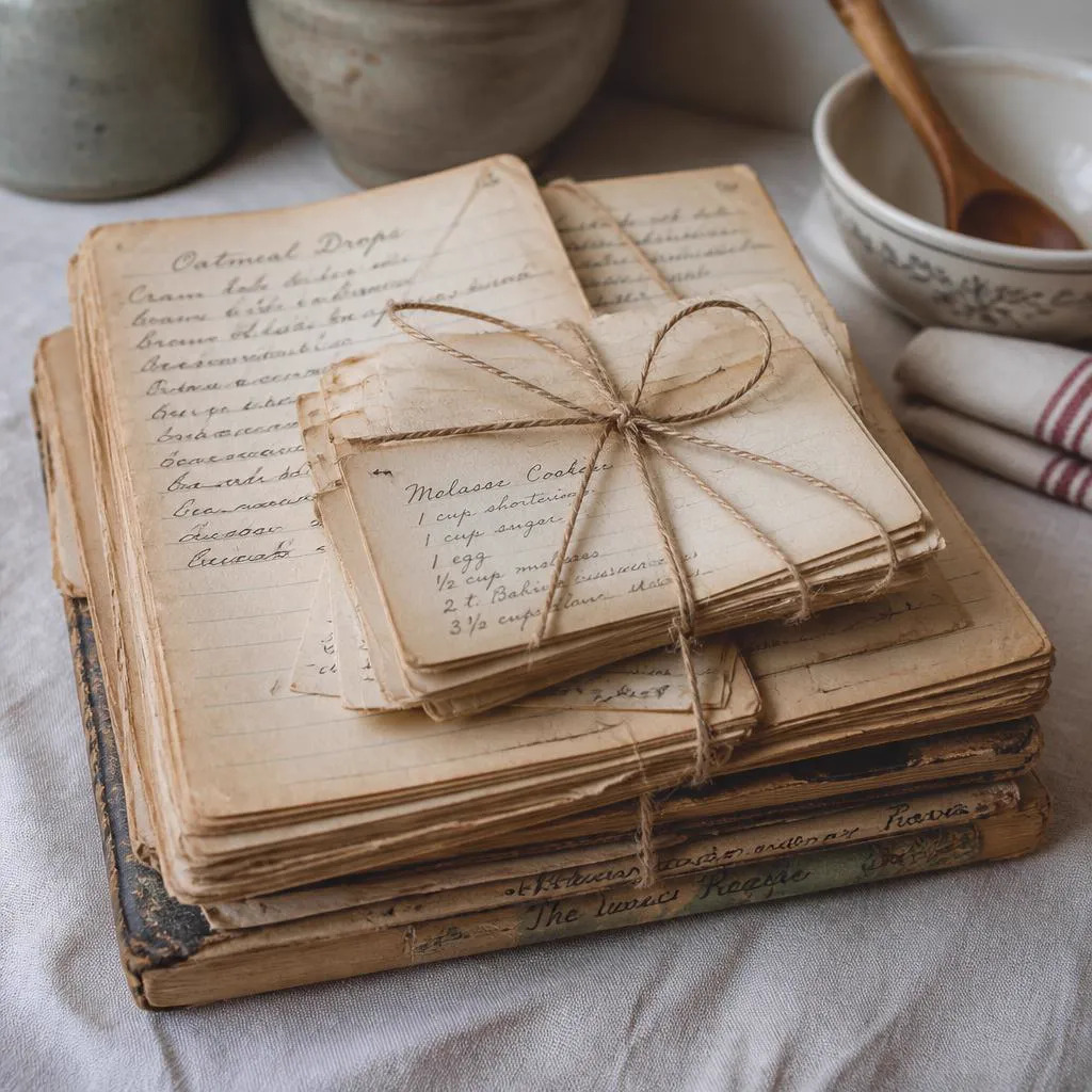 A stack of aged handwritten recipe notebooks and loose cards tied with twine