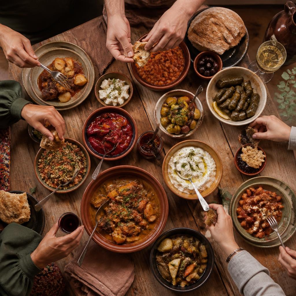 An overhead view of a shared table filled with regional home-cooked dishes